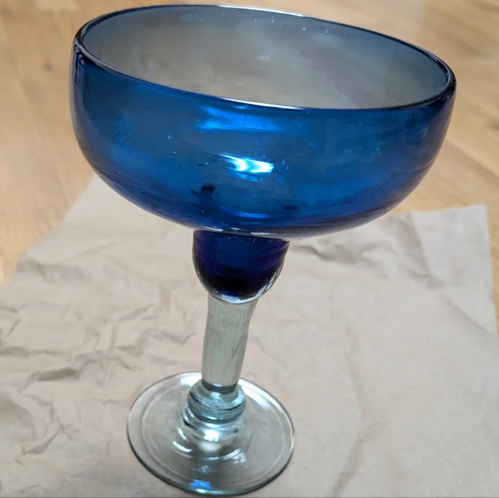 Hand blown blue/clear glass Mexico‎ style vintage margarita glass